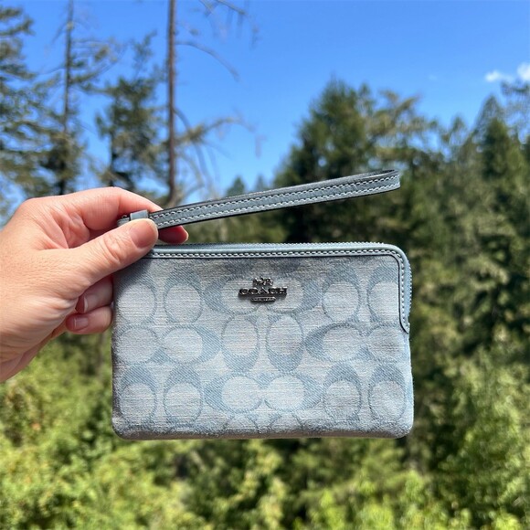 Coach Handbags - Coach Signature Jacquard Blue Chambray Wristlet Wallet Clutch Gold Hardware